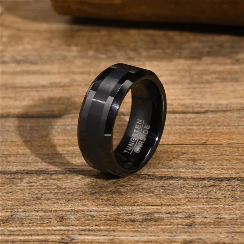 8MM Tungsten Carbide Engagement Ring Classic Brushed Beveled Edge Polished black Wedding Band for Men Women