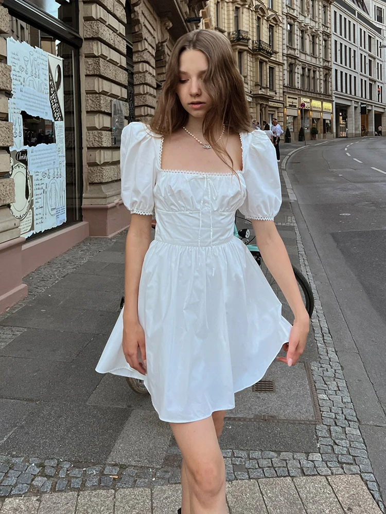 Gathered Cutout Mini Dress Summer Solid White Dress Square Neck Cinched  Waist Airy Lantern Sleeve Flared Hem Lady Party Dress - AliExpress