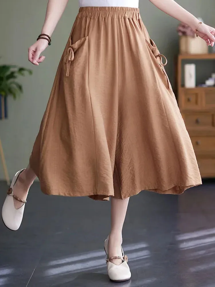 Summer Cotton Linen Culotte Capris Pants Casual Baggy Women High Waist Wide Leg Straight Trouser Mom's  Oversize 5xl Pantalones