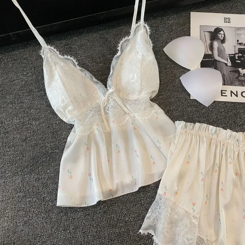 Lace Sexy Women's Pajamas Set Summer New with Chest Pads Ice Silk Suspenders Shorts Sleepwear Two-piece Women's Clothing