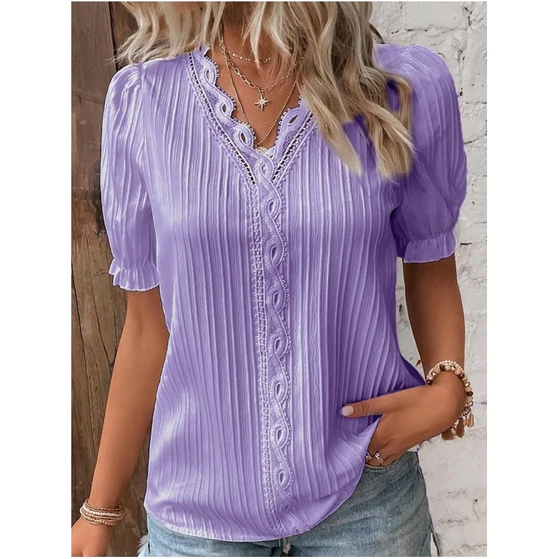 Sb0b2f996d7034f60a7eeb1b87b747f0ej Elegant Blouse Solid Shirt Lace Summer Fashion Hollow Short Sleeve Pullover Top Office Lady Shirt S-5XL Mallzona