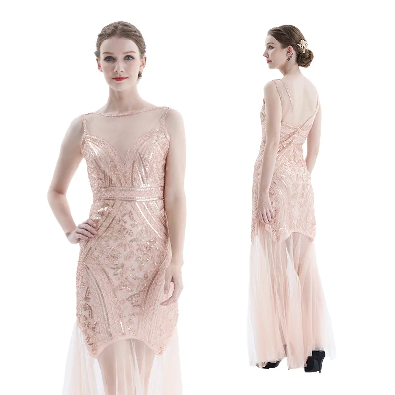 

Popular 1920s Vintage Dress Bridesmaid Pin Bead Mesh Sequin Evening Dress Wedding Dress Long Dress Vestido Elegante Para Fiesta