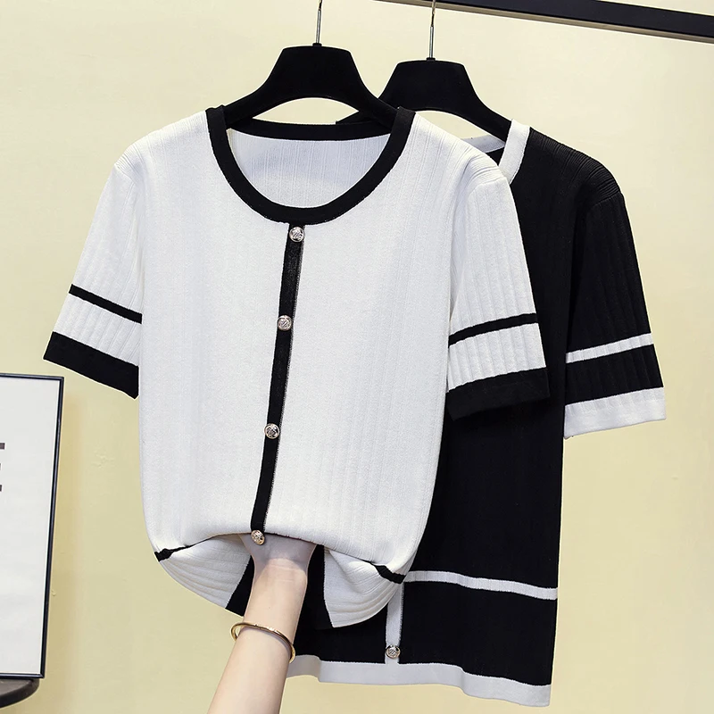 

Large size women Summer basic sweater pullover loose casual button Button Patchwork thin Robi kint female jumper sweaters top