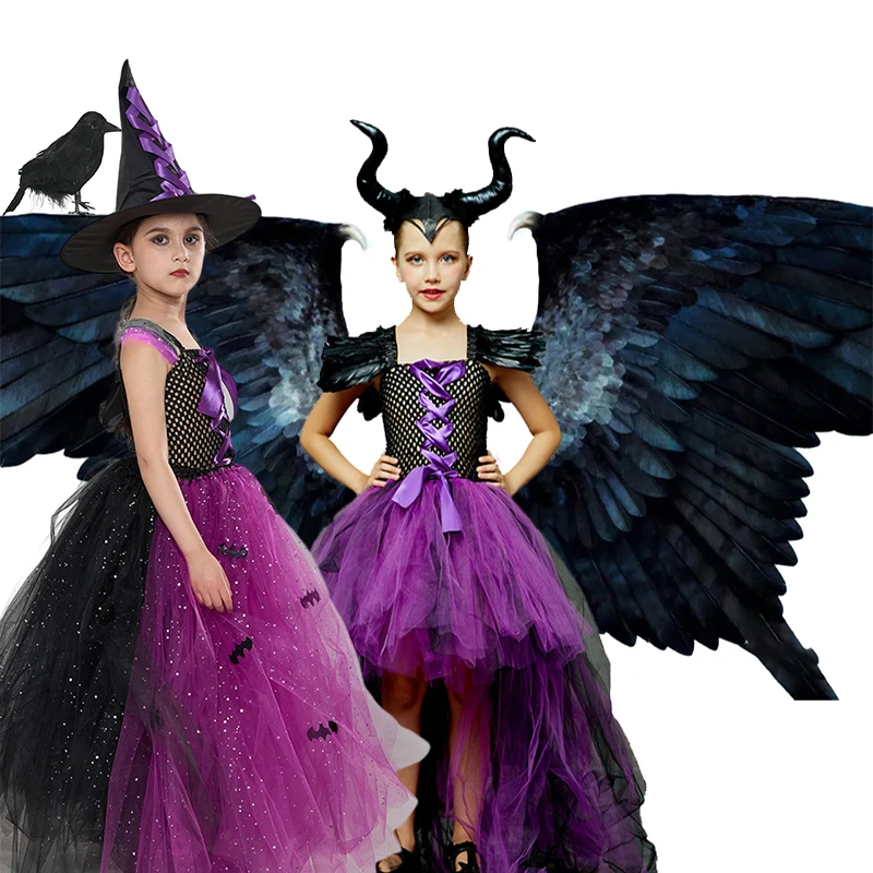 

Halloween Maleficent Costume For Girls Princess Dress Lace Trailing Tutu Dress Evil Queen Kids Cosplay Witch Clothes Gown Dress