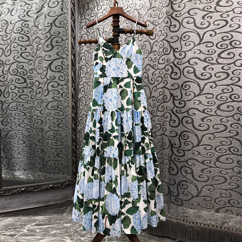 100Cotton Long Dress 2023 Summer Fashion Style Women Green Leaves Blue Flower Prints Casual