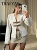 TRAFZA Retro Leather Buckle Woolen Coat Women Fashion Solid V Neck Long Sleeve Beige Jacket Autumn Spring Chic Female Streetwear 3