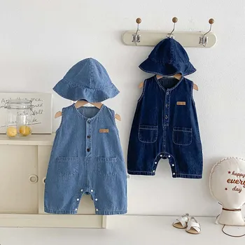 Summer Baby Boys Round Neck Sleeveless Denim Jumpsuit with Hat, Fashion Infant Denim Romper for Outdoor Wear 1
