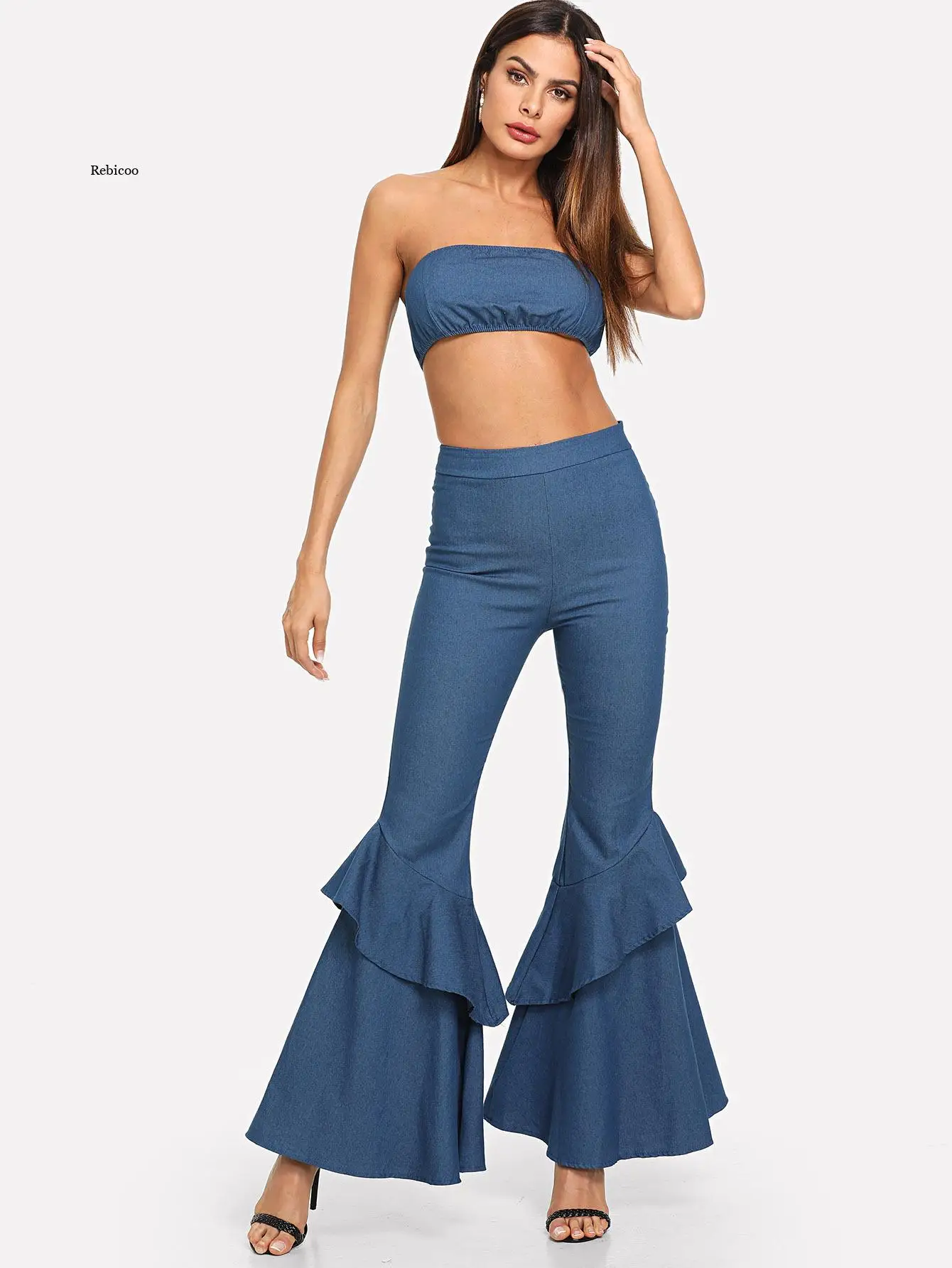 

Sexy Chest Wrap Crop Top and Flare Jeans Pant 2 Piece Set 2022 Summer Elegant Women Denim Matching Outfits