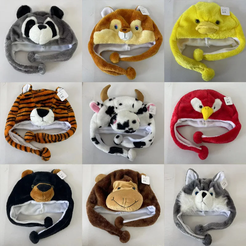 Cartoon Animals Penguin Duck Rabbit Elephant Shark Tiger Hats Children Student Performance Cosplay Ear Plush Caps Cute Gifts