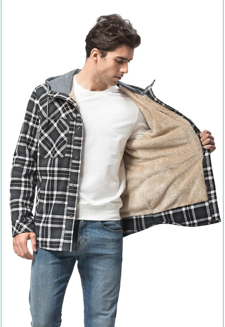 New Men Winter Warm Plaid Shirt Cotton Hooded Jacket Plus Velvet Fleece Thickening Size Casual Loose Plush Liner Streetwear Coat