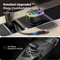 60W Fast Charging Car Charger USB C Car Phone Charger Adapter, 4 Port Fast Charging, 5.3FT Charging Cable Multicolor Night Light - Image 6