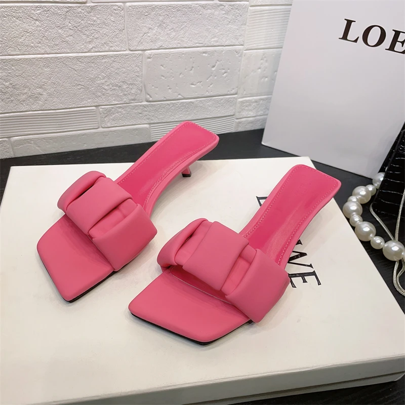 

2023 Green Summer New Women Sandal Fashion Square Toe Slip On Ladies Elegant Slipper Thin Low Heel Outdoor Dress Pumps Slide