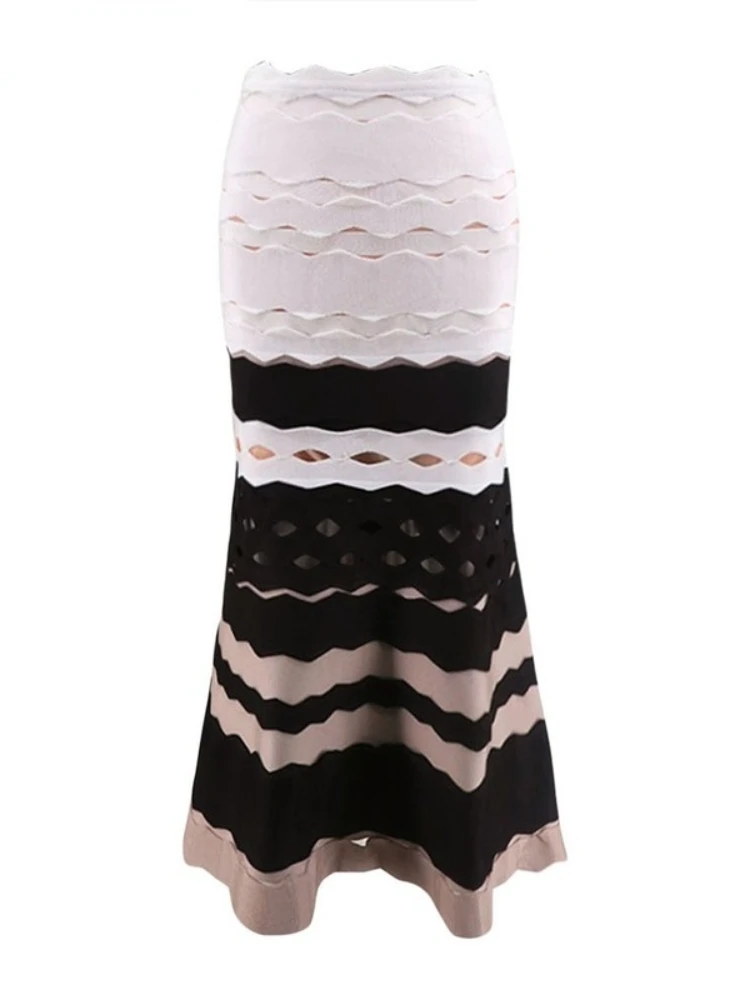 

2021 New Arrival Fashion Black Beige White Patchwork A Line elegant Floor Length Jacquard Celebrity Party Bandage Skirt