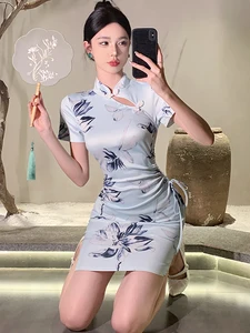 Women Blue Floral Short Sleeve Casual Mini Dress Summer Elegant Bodycon Bandage Dress 2024 Korean Vintage Luxury Party Vestidos