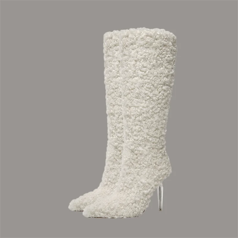 

2023 New Pointed Crystal Heels Women High Knee Boots Winter Pointed Toe High Heels Female Footwear Zipper Warmest Ladies Shoes