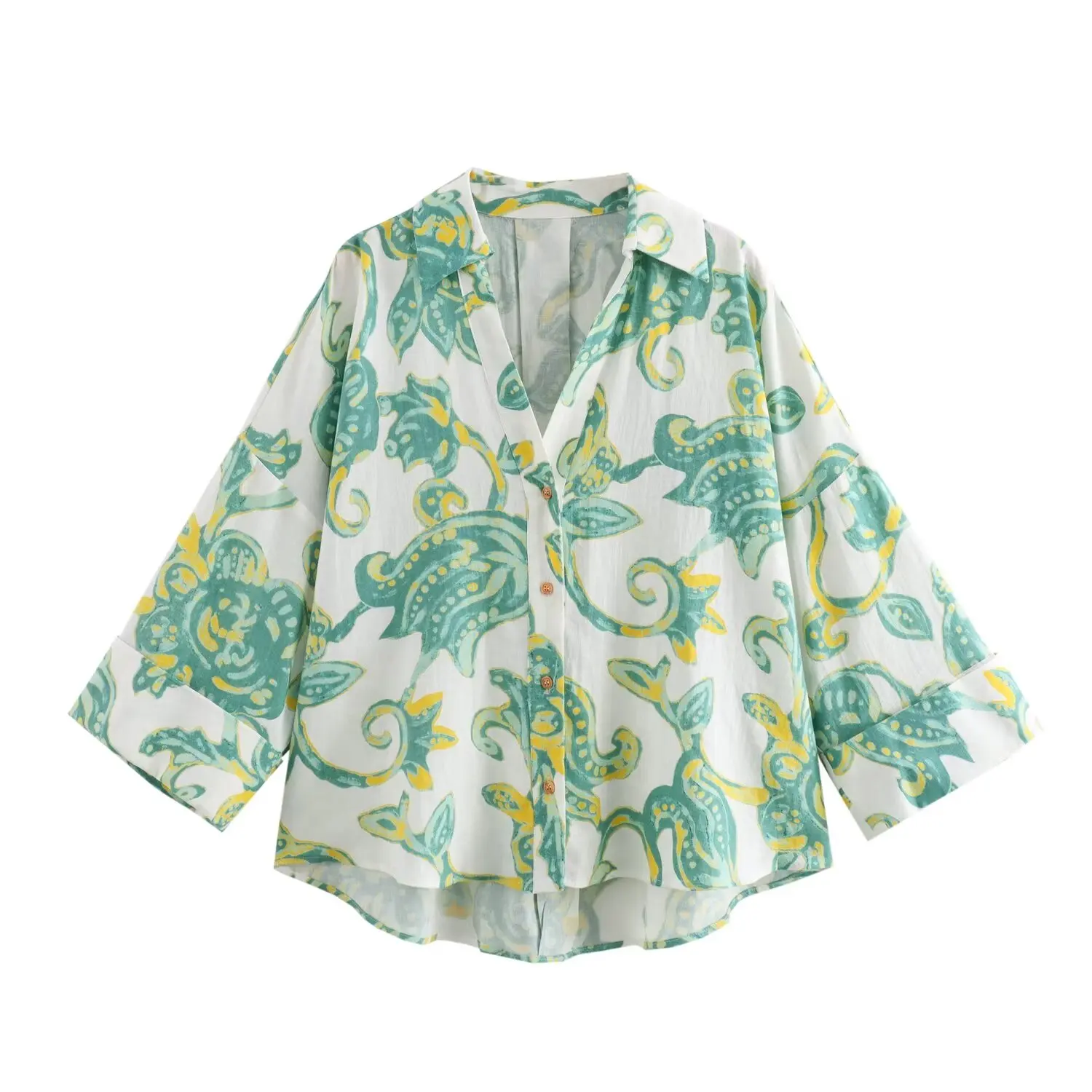 thumbnail image 1 of HH TRAF Blusa elegante asimétrica de mezcla de lino con mangas tres cuartos y solapa de moda de verano para mujer, 1 of 5