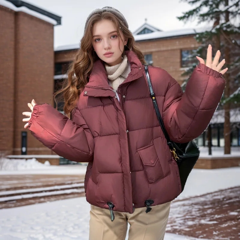 Winter Women's Down Cotton Padded Jackets Stylish Stand Collar Solid Color Casual Thicken For Warm Loose-Fitting Coat