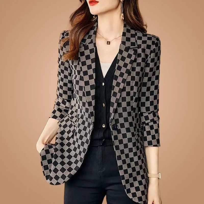 Fashion Lapel Button Spliced All-match Lattice Blazer Women's Clothing 2023 Autumn New Oversized Casual Tops Office Lady Blazers