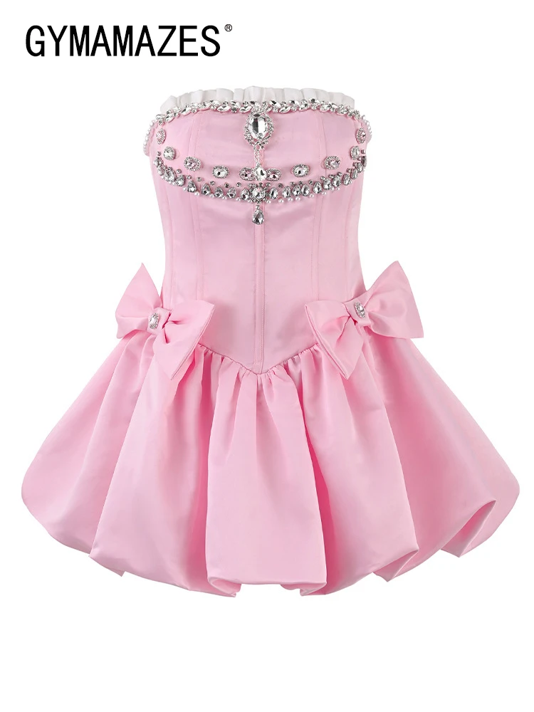 

GYMAMAZES Mini Temperament Dresses For Women Strapless Sleeveless High Waist Spliced Diamond Ball Gown Dress Female Fashion New