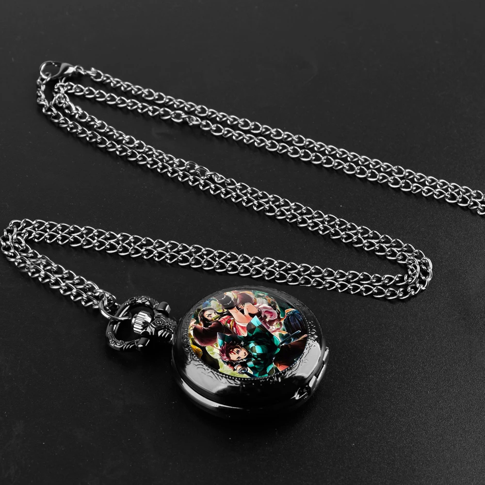 Demon Slayer Tanjiro Nezuko Quartz Pocket Watch for Women Men Necklace Unique Pendant Black Clock Chain Watch Gift Accessories