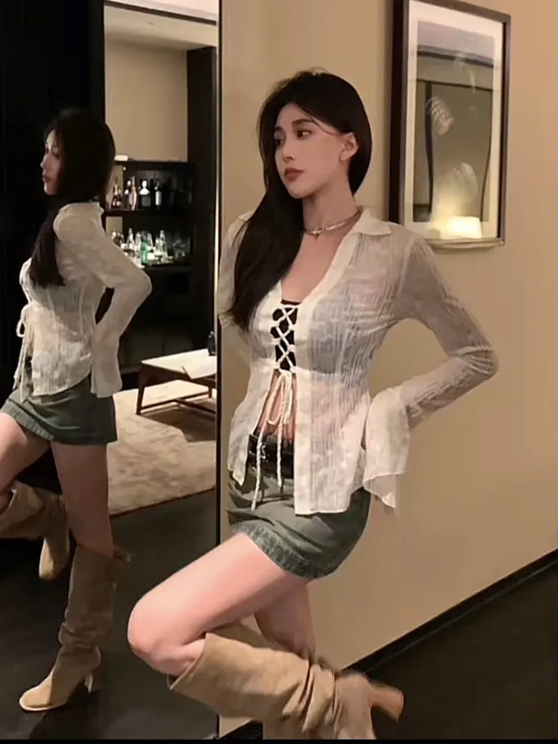 여성 용수철 플레어 소매 쉬폰 셔츠, 레이스업 재킷, 섹시 슬림핏 가디건, 청순 섹시 패션, 여성 의류