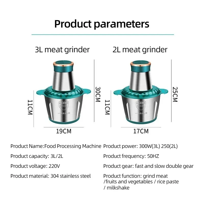 3L Portable Household Meat Mincer Grinder Vegetable Food Processor Chopper Kitchen Multifunction Stainless Steel Slicer Machine 3