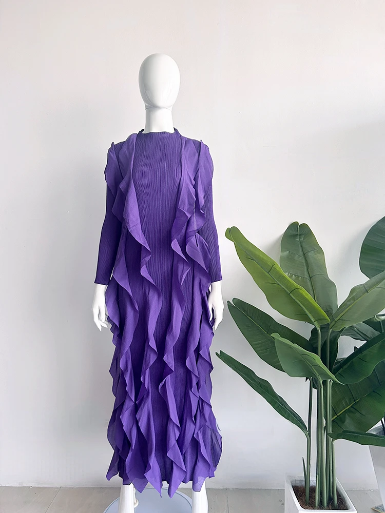 

Ruffle Edge Pleated Miyake Dress Fashion Solid O-Neck Full Sleeve Formal Maxi Long Dresses 2024 Autumn New Women's Clothing