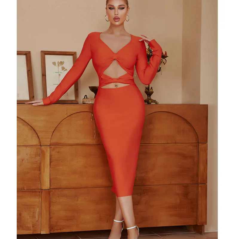 

Women Sexy Bandage Dress Rayon Elegant V Low -cut Fashion Hollow Long Sleeve Slim Bodycon Long Style Evening Party Dress