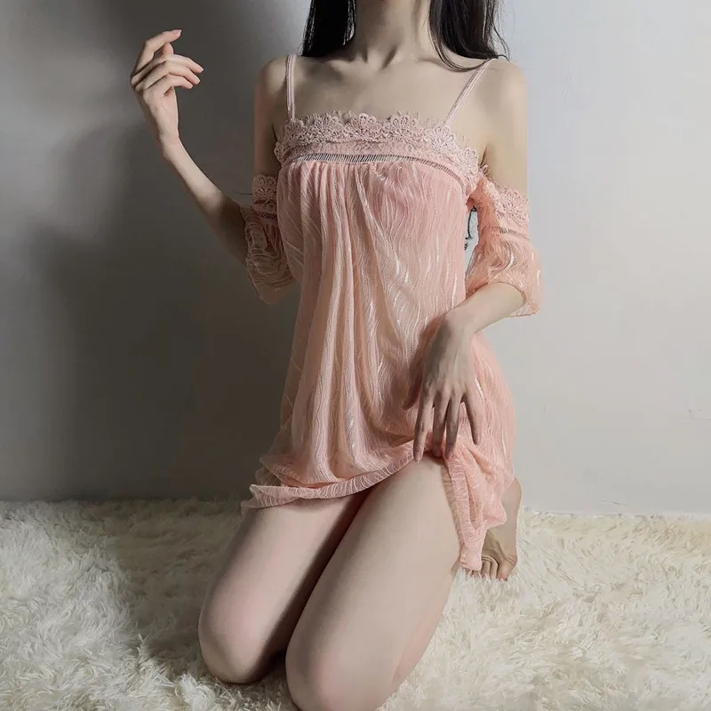 NEW Summer Women Mesh See-Through Lace Sleepwear Nightwear High Quality Strap Slips Ladies Sexy Lingerie Plus Size XXL