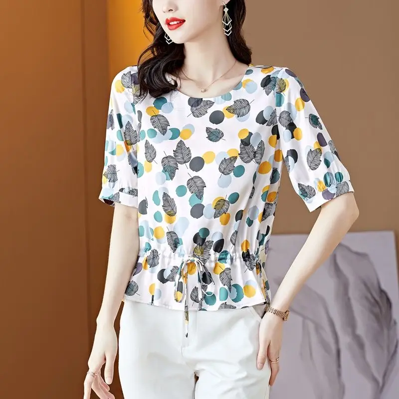 

M-4XL Chiffon Shirt Short Sleeve Women's Summer New Age Reducing Slimming Round Collar Printing Bottoming Top