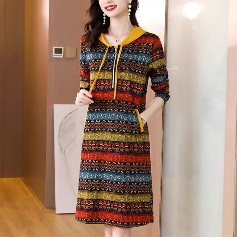 

Spring Autumn New Vintage Y2K Hoodie Dress Woman Clothes Long Sleeve Loose Pockets Fashion Pullover Straight Casual Midi Dresses