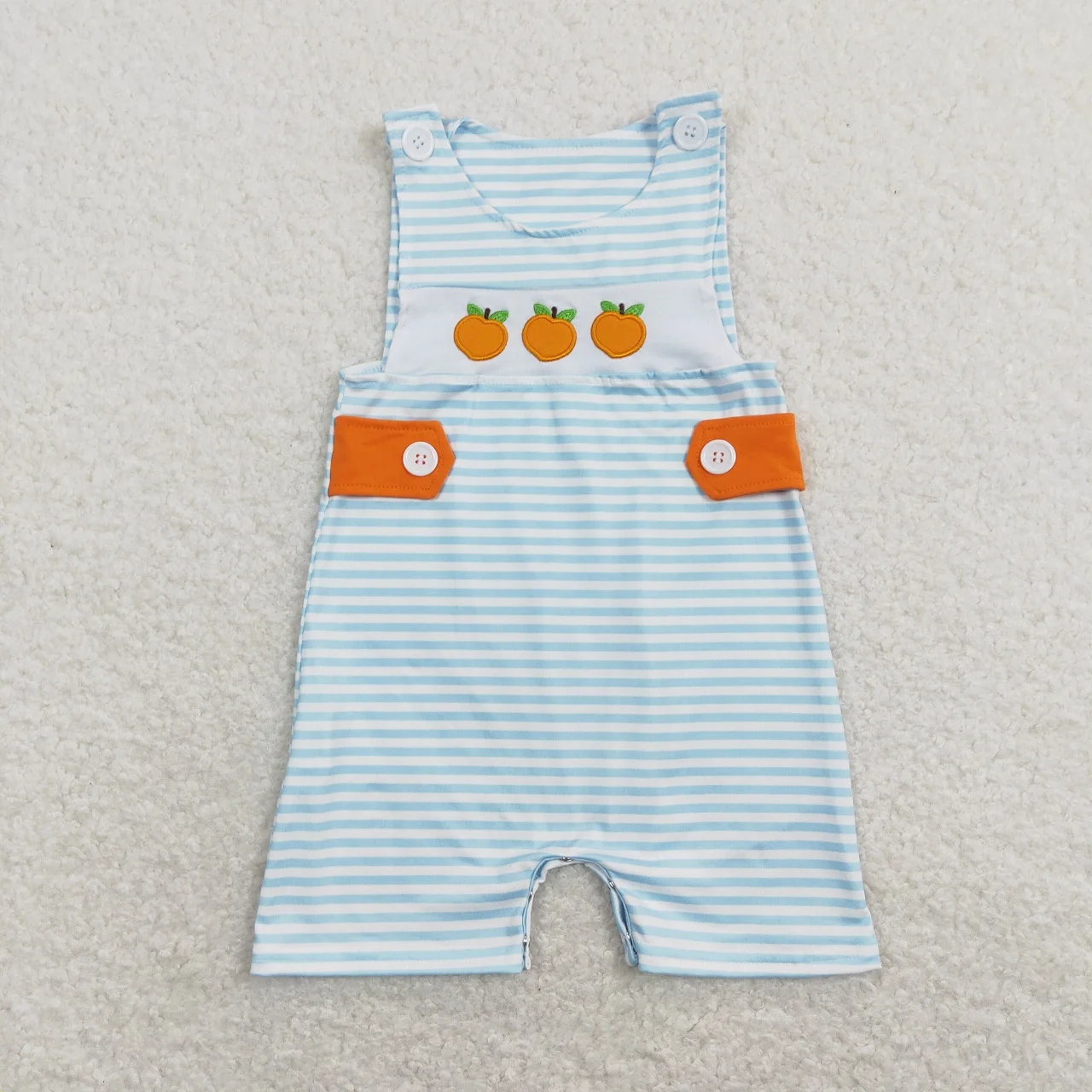

Wholesale Baby Boy Embroidery Peach Stripes Romper Toddler Newborn Summer Sleeveless One-piece Kids Children Buttons overalls