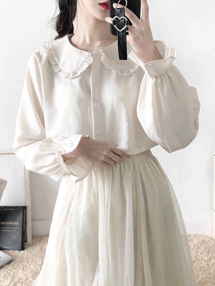 

White Button Up Shirt Women Lolita Blouse Ladies Doll Collar Long Sleeve Japanese Soft Girl Loose Jk Autumn Chemise Femme