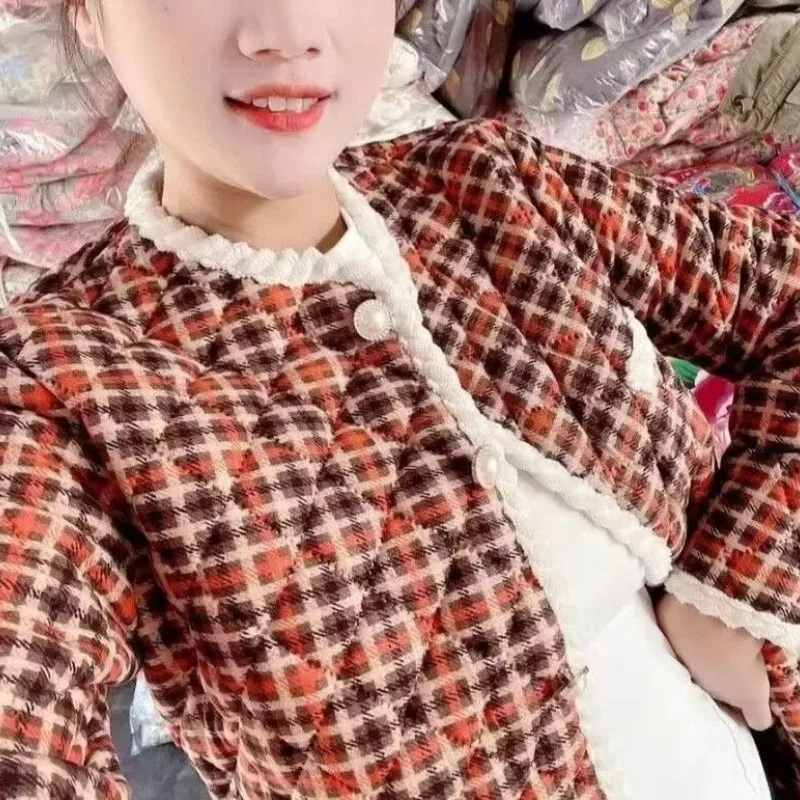 Women's Autumn Winter Elegant Patchwork Plus Velvet Thick Coats Long Sleeved Plaid Jacket Fashion Y2K Casual Versatile Lady Tops