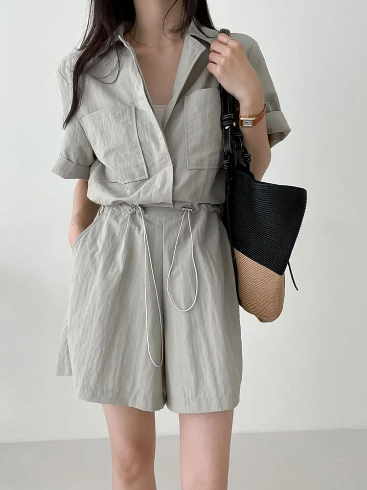 

Women Summer Jumpsuits Korean French Retro Design with Drawstring Waistband Casual Shirt Style One Piece Wide Leg Shorts D4649