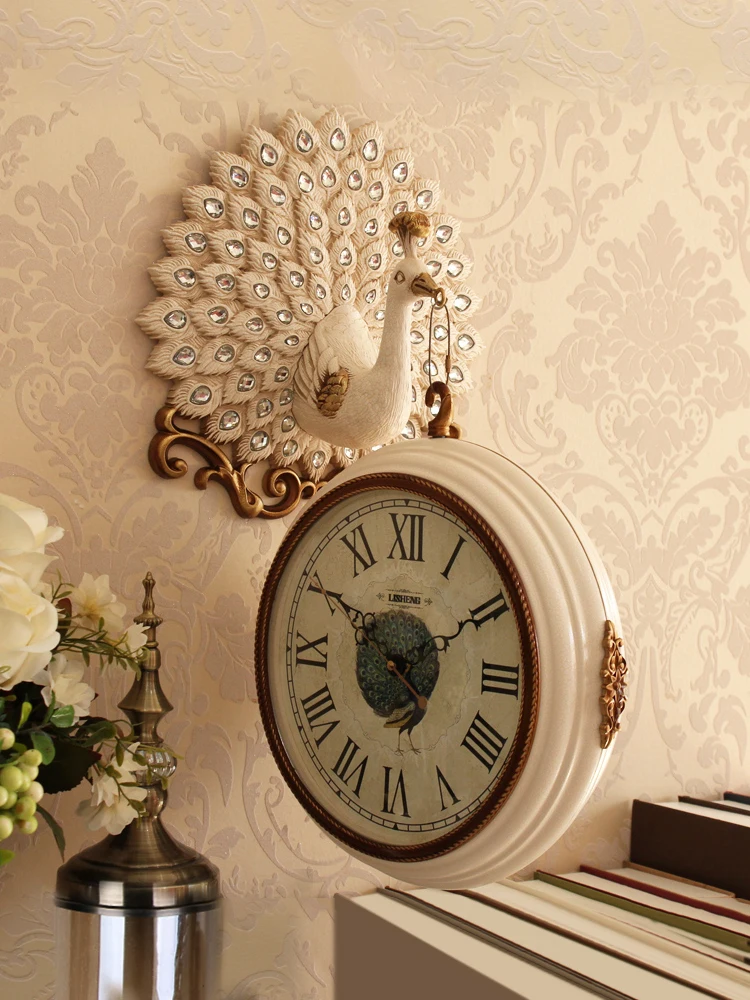 

sxPeacock European Style Double-Sided Wall Clock Living Room Home Fashion Creative Two-Side Mute Wall Decoration Atmospheric