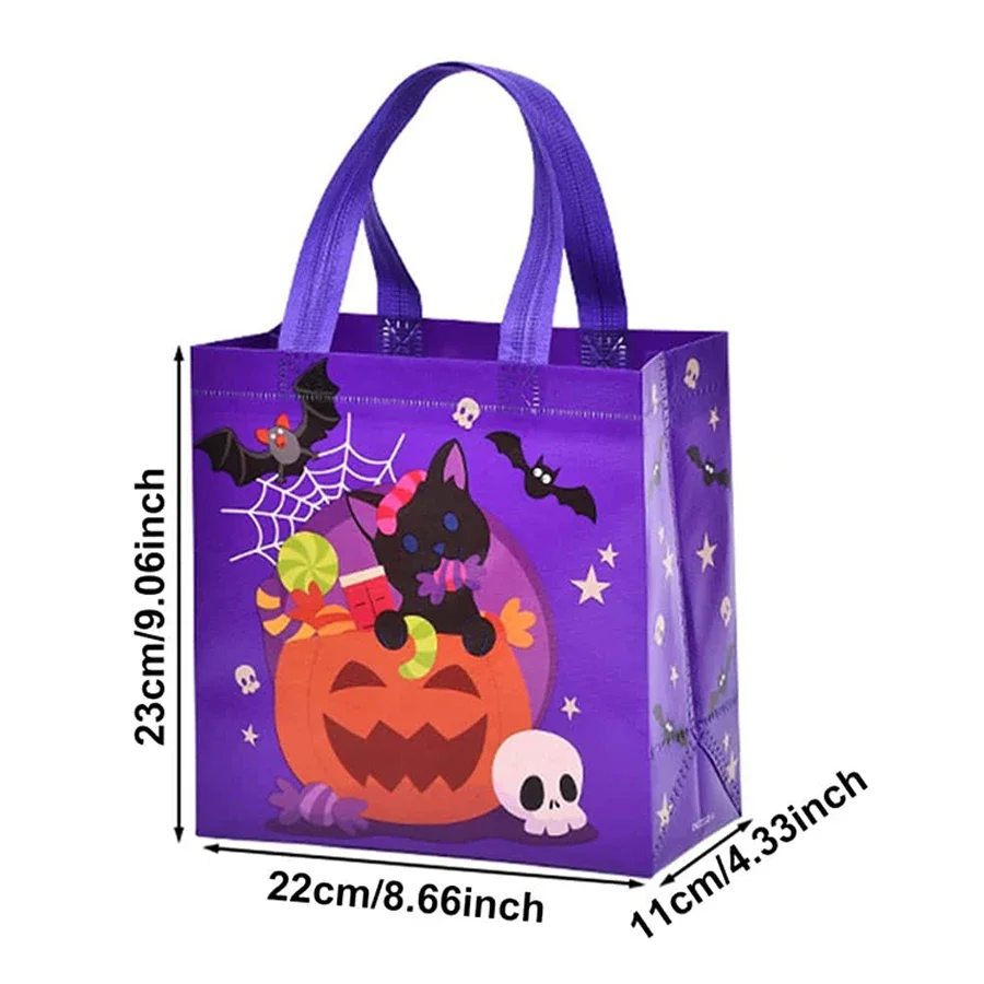 4 Stück Halloween-Themen-Vliesstoff-Geschenk-Einkaufstasche mit Griff, wiederverwendbare Kürbis-Fledermaus, kreative Süßes oder Saures-Goodie-Taschen – Detail 6