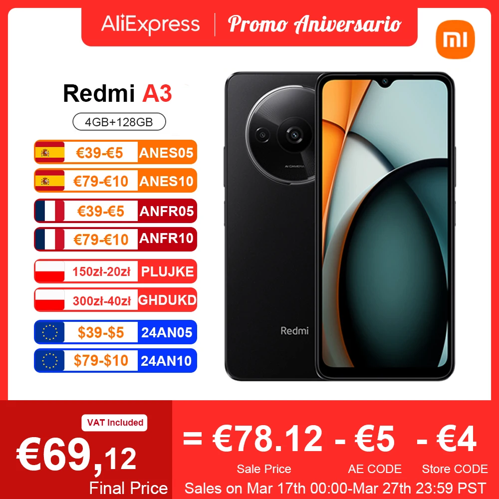 78.24€ 44% OFF|Globale Version Xiaomi Redmi A3 Smartphone Media tek Helio G36 HD Bildschirm 6,71 Zoll Dual Kamera 5000mAh Akku 10W Schnell ladung| | - AliExpress