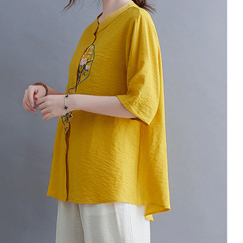 Summer Chinese Style Retro Women's Shirt Simplicity Elegant Fashion Cotton Linen Button Open Stitch O Neck Short Sleeve Y2K Tops