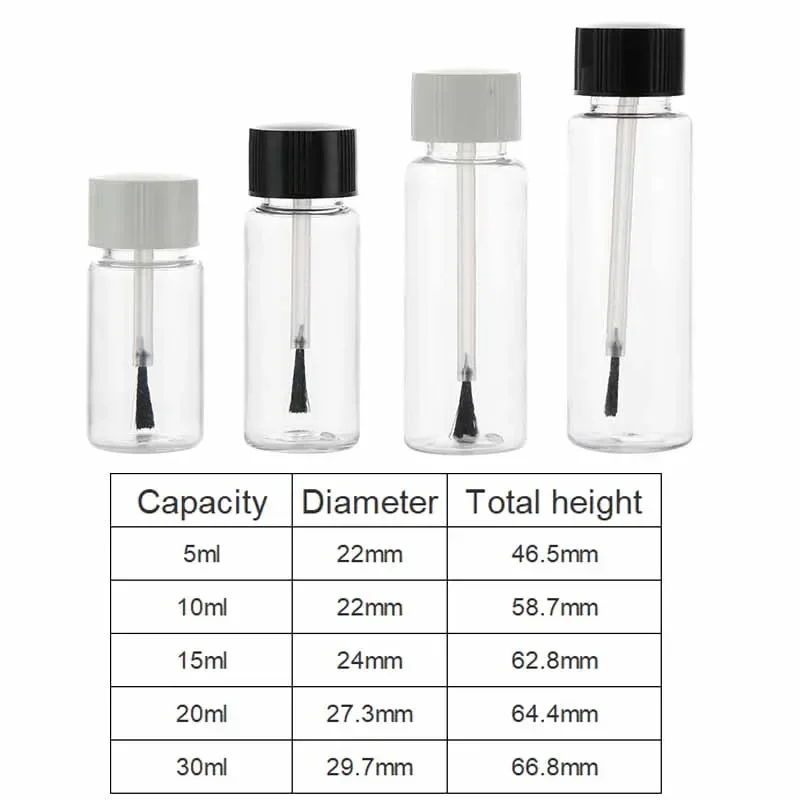Plastic Nail Polish Bottles Empty Cosmetic Containers Clear Liquid Sample Bottle With Brush 5/10Pcs 5ml 10ml 15ml 20ml 30ml refillable nail bottle,makeup empty bottle,cosmetic bottle,cosmetic sample container,cosmetic dispenser bottle,refillable cosmetic bottle,cosmetic bottle set,mini cosmetic bottle