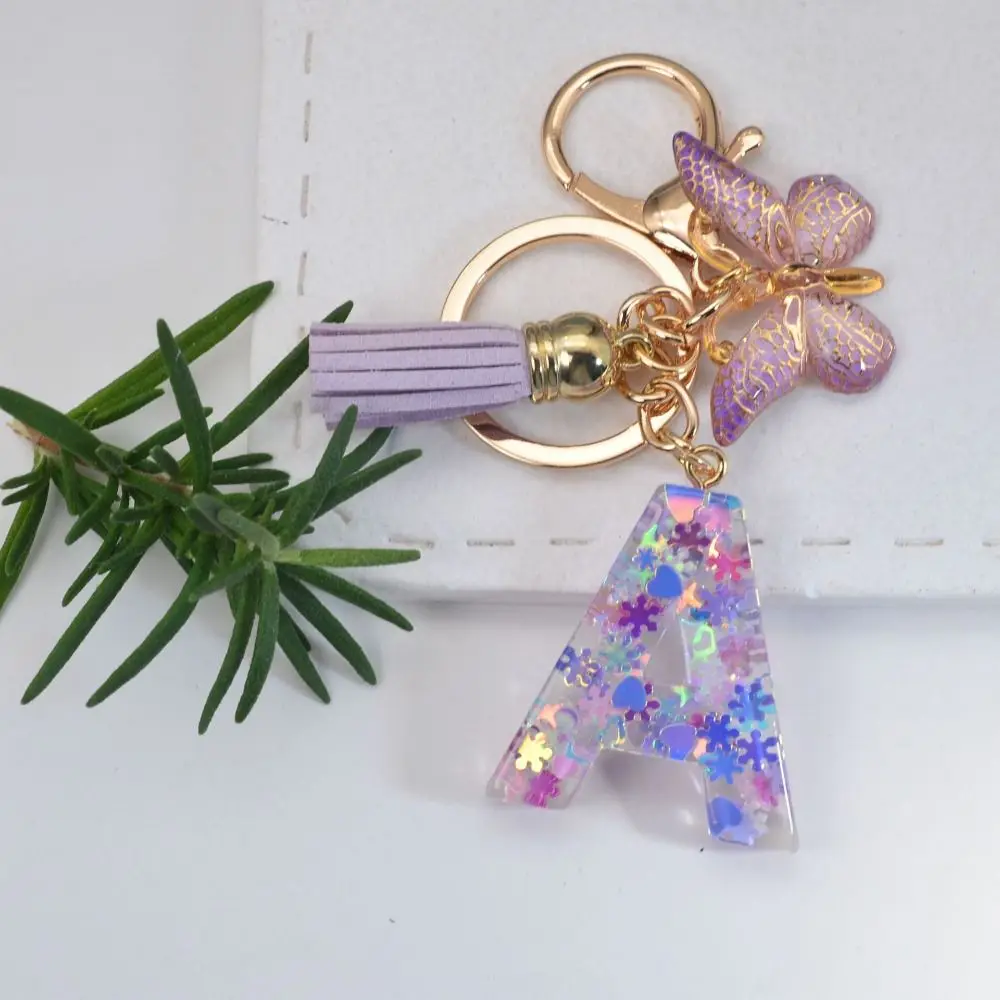 DA A Z 26 dalla A alla Z 26 Portachiavi con alfabeto Iniziali Alfabeto Viola Fiocchi di neve Viola Portachiavi con lettera Nappa piena di paillettes