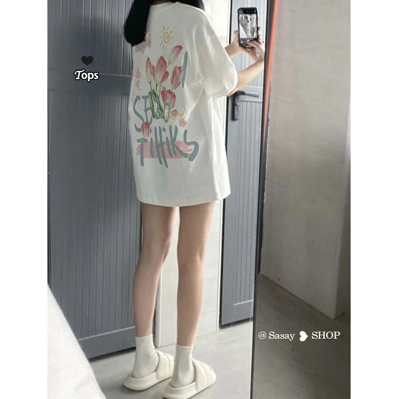 

White right shoulder T-shirt female loose short sleeve design sense niche ins loose chic T-shirt top tide