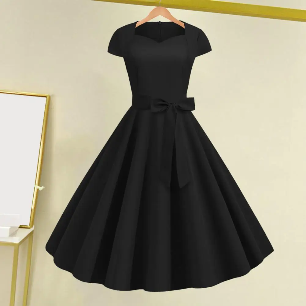 

Stretchy Solid Dress Elegant V Neck A-line Midi Dress with Belted Bow Detail Retro Princess Style for Women High Waist Solid