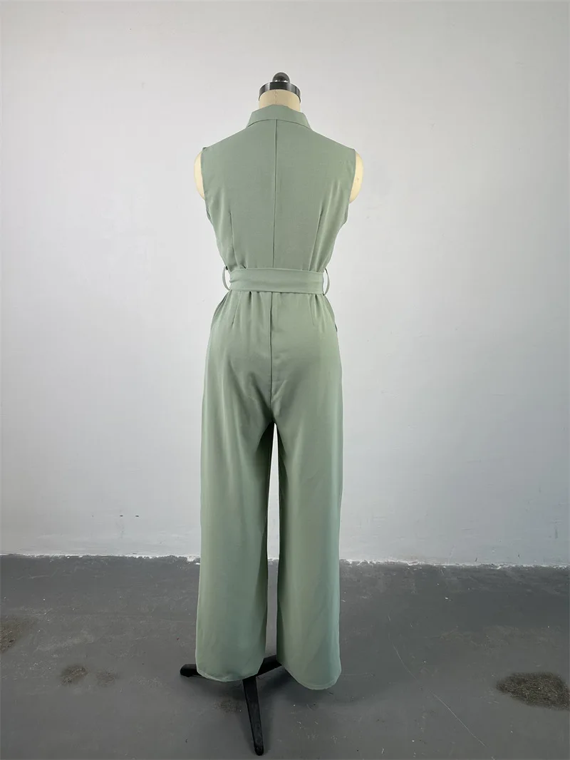 Women Summer Zipper Fly Turn-down Collar Pocket Front Sleeveless Wide Leg Jumpsuit 2024 casual One Piece Suit Romper Playsuit