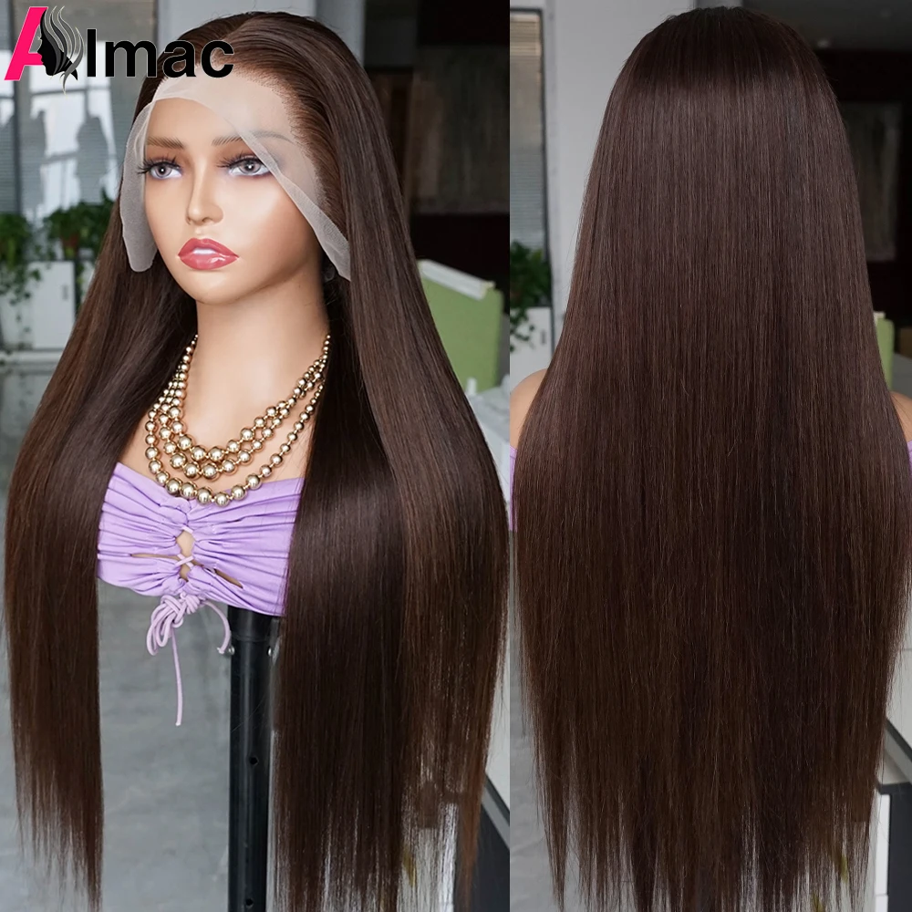 200 Density Dark Brown Straight Lace Frontal Human Hair Wigs For Women 13x4 Transparent Lace Wig Pre-Plucked Indian Remy Hair