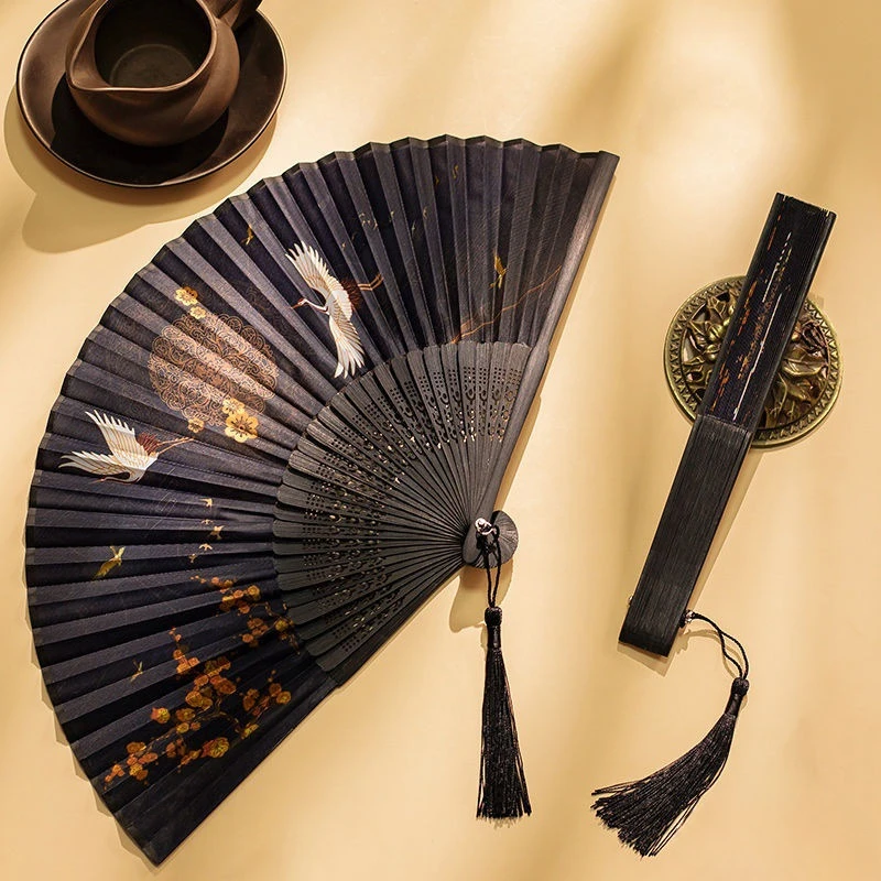 

Ancient style folding fan embroidery fringe Hanfu holding dance props fan