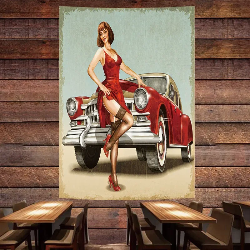 

Vintage Car Sales Service Poster Tapestry Pin Up Girl Flag Wall Painting GARAGE Gas Station Auto Repair Shop Wall Decor Banner