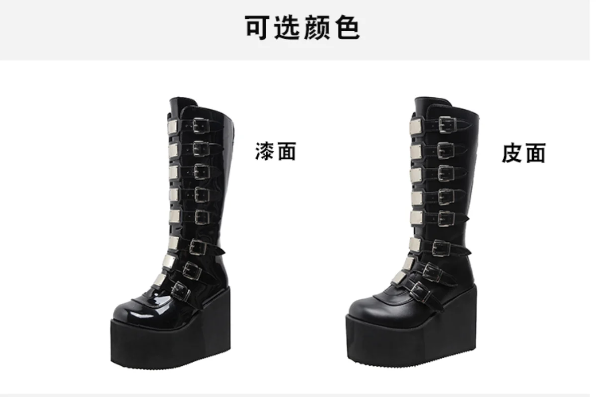 Women Knee Boots Brand Design Female Wedges High Heels Knee High Boots Black Platform Boots Women Gothic Cosplay Shoes
