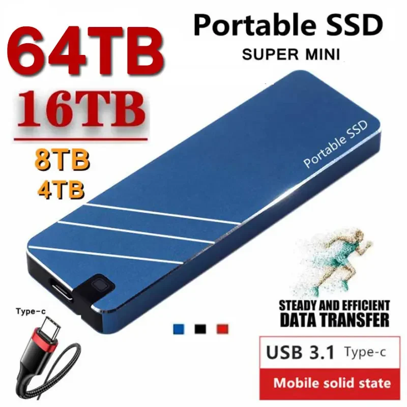 휴대용 외장 솔리드 스테이트 드라이브, 데스크탑용 SSD, 64TB, 8TB 하드 드라이브, USB3.1 C 타입, 520 MB/S 데이터 전송