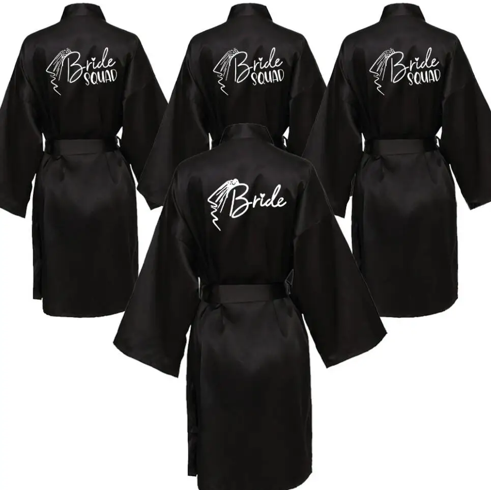 Satin Night Robe Wedding Party Team Bride Robe With Black Letters Kimono Satin Pajamas Bridesmaid Bathrobe SP036